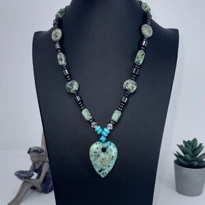 Handcrafted Turquoise and Black Beaded Heart Pendant Necklace - Women Jewelry